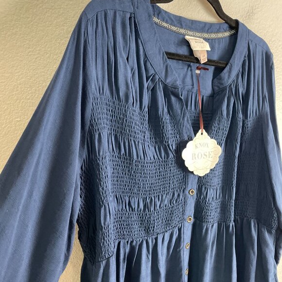 NEW Knox Rose Womens Plus 1X Blue Long Sleeve Button Front Top Smocked Blouse - Picture 8 of 9